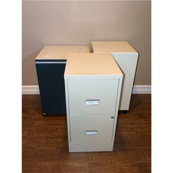 Two Rolling Metal Cabinets and One Filing Cabinet