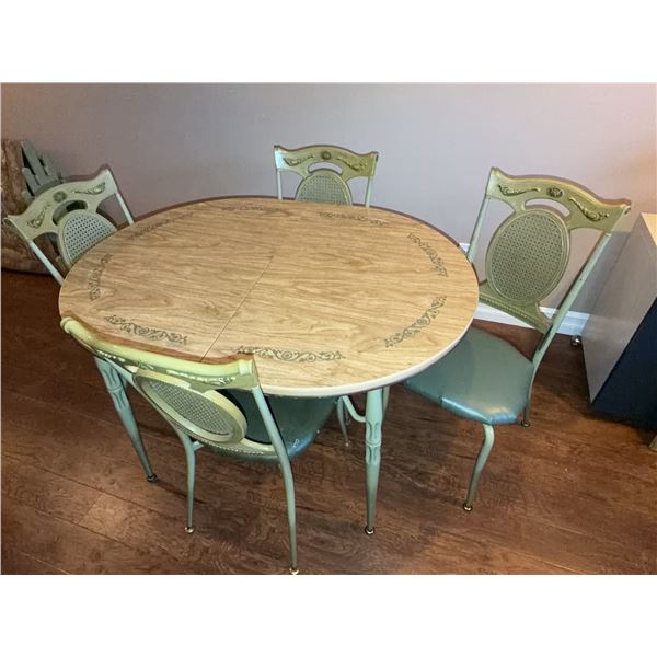 Retro Kitchen Table With 4 Green Vinyl Chairs and Leaf