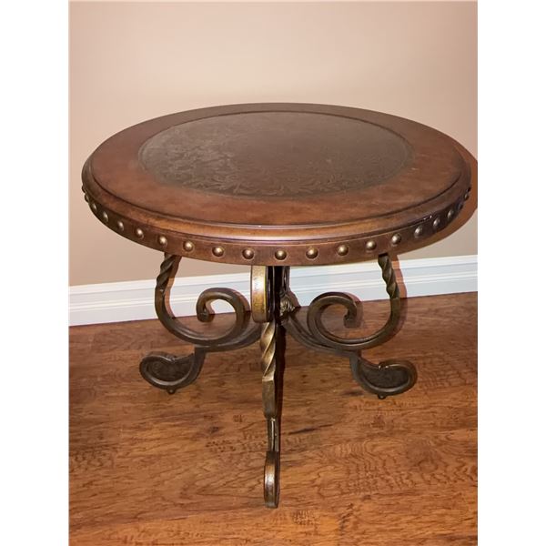 Round Metal and Wood Accent Table with Scroll Legs