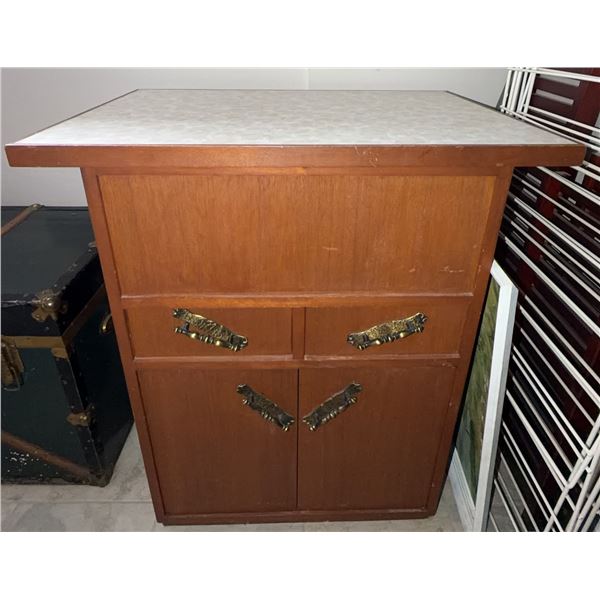 Wood Cabinet with Faux Marble Laminate Top and Brass Handles