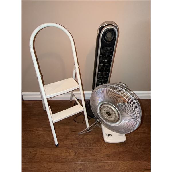 NOMA Tower Fan, Pedestal Heater, and Two-Step Ladder