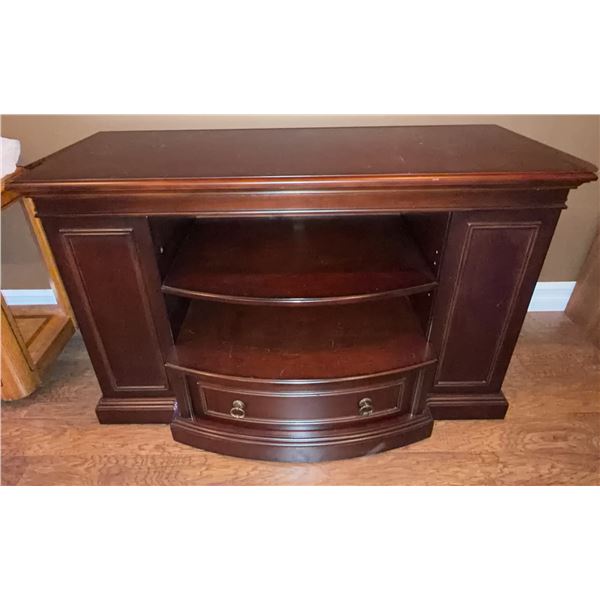 Dark Wood Media Console with Shelves and Drawer