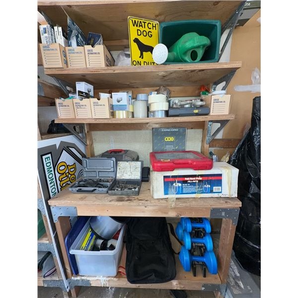 Contents of Shelf Including Tools, Fitness Weights, and Hardware