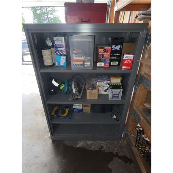 Metal Storage Shelf With Contents Including Tools and Auto Parts