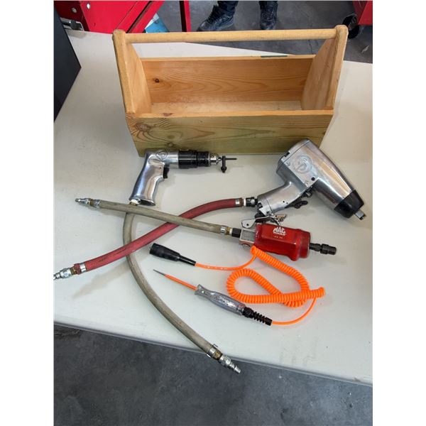 Pneumatic Tools With Hoses, Snap-on Tester & Wooden Tool Caddy