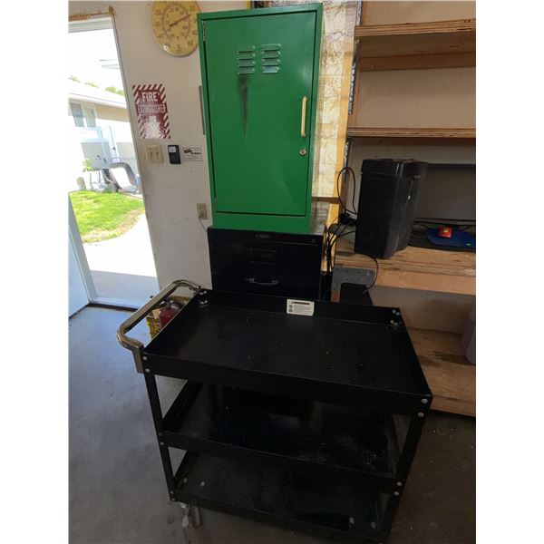 Metal Utility Cart, Four-Drawer File Cabinet, and Green Storage Locker