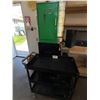 Image 1 : Metal Utility Cart, Four-Drawer File Cabinet, and Green Storage Locker