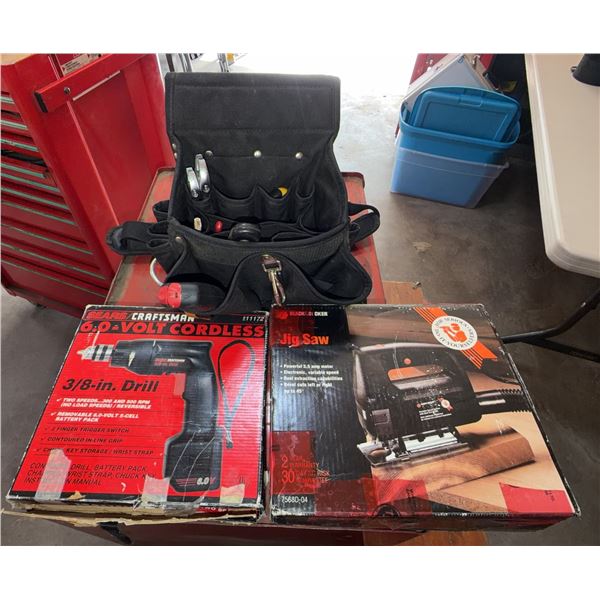 Craftsman Cordless Drill, Black & Decker Jig Saw, Tool Belt Set