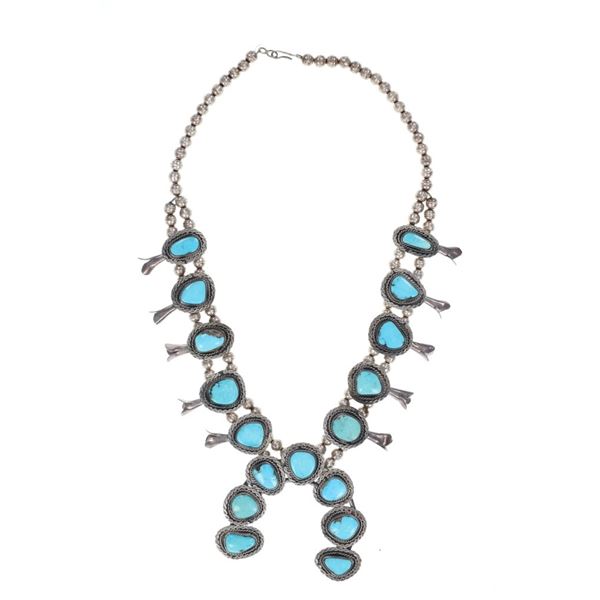 Navajo Kingman Turquoise Squash Blossom Necklace