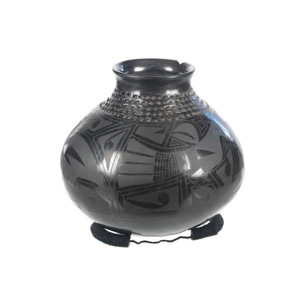 Mata Ortiz Black on Black Pottery Olla by Sandoval
