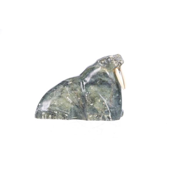 Inuit Hand Carved Soapstone Bone Walrus Sculpture