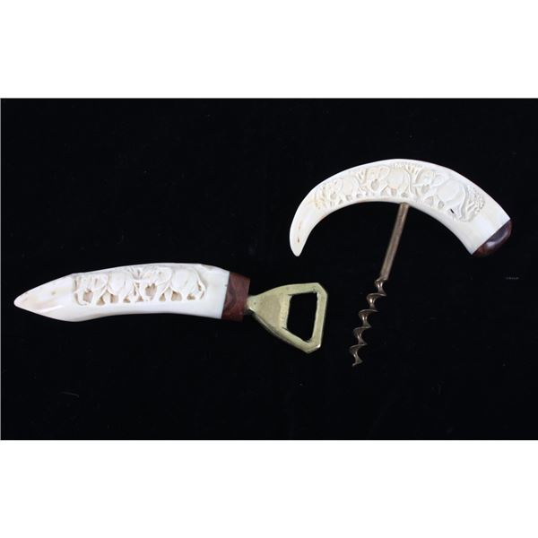 Carved Elephants Boar Tusk Bottle Openers (2)