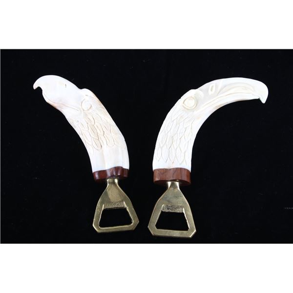 Carved Eagle Boar Tusk Bottle Openers (2)