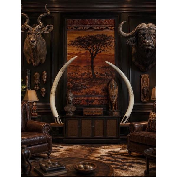 *TEXAS RESIDENTS ONLY* Big Set of ELEPHANT IVORY TUSKS Mounted on Wood Bases with Zebra Hide Accents