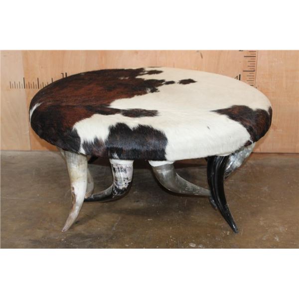 Rustic Tri-color COWHIDE Table or Ottoman with Polished Cow Horn Legs