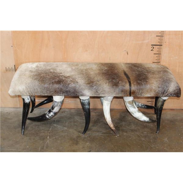 Rustic Upholstered  COWHIDE Bench Seat with Polished Cow Horn Legs
