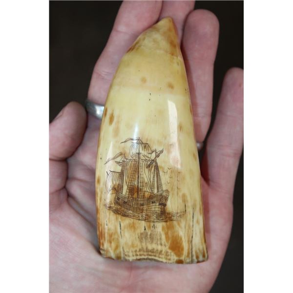 Antique SPERM WHALE Tooth with Scrimshaw of a Whaling Ship