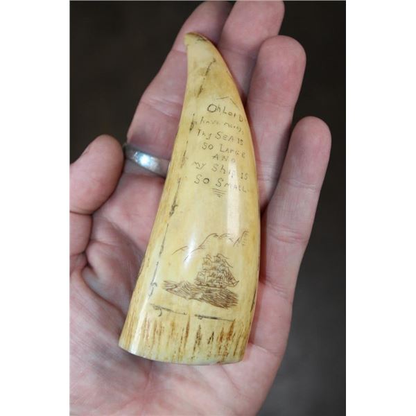 Antique SPERM WHALE Tooth Scrimshawed with a Whaling Ship and Phrase