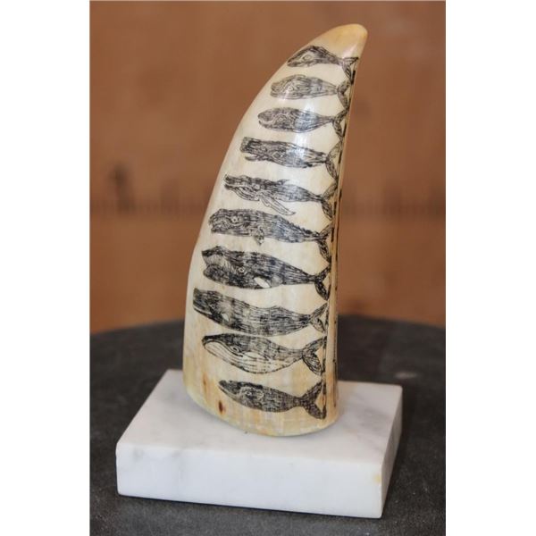 Antique Scrimshawed WHALE Tooth on a Custom Marble Display Stand