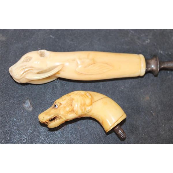 (1) Antique WALRUS Tusk Ivory Handle Letter Opener and (1) Antique WALRUS Tusk Ivory Cane Handle