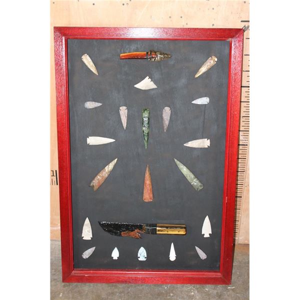 Giant Display of (20) ARROWHEADS and (2) Hand-knapped Stone KNIVES in an Open Display Frame