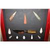 Image 6 : Giant Display of (20) ARROWHEADS and (2) Hand-knapped Stone KNIVES in an Open Display Frame