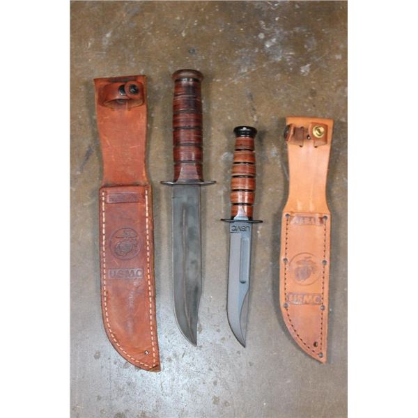 (2) KA-BAR USMC Fixed Blade KNIVES with Leather Sheaths