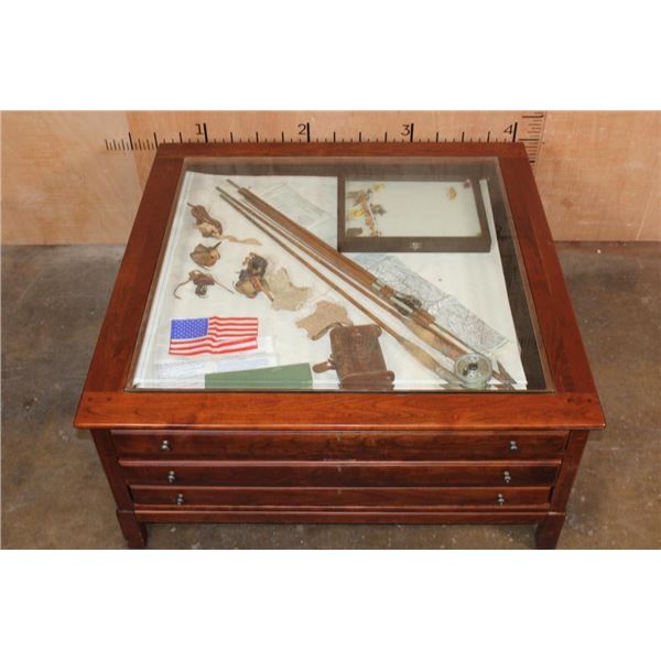 Hardwood Shadowbox Table by Bob Timberlake Full of Memorabilia and Collectibles