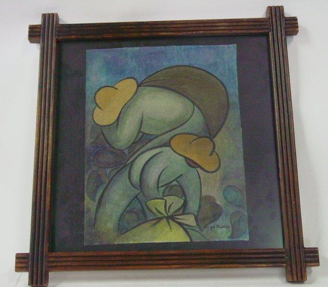 Watercolor Farm Peasants Signed Diego Rivera