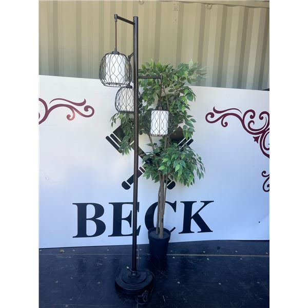 Metal Floor Lamp With Three Cage Shades And Faux Plant