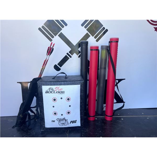 Archery Arrow Tubes, Arrows, and Bulldog Pug Target Bundle