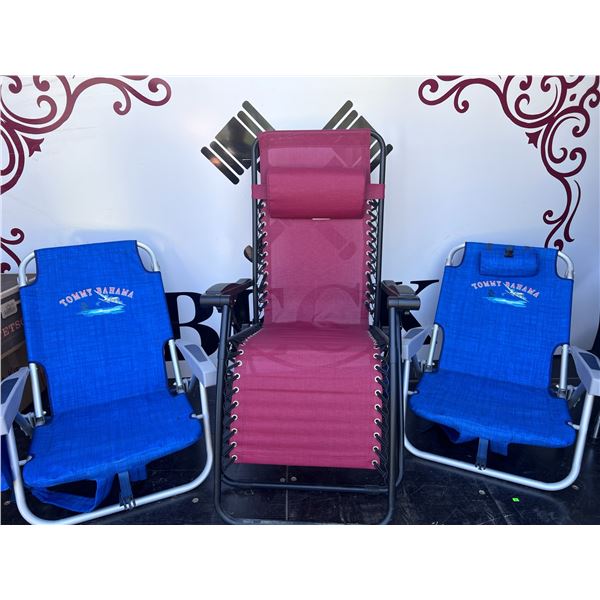 2 Tommy Bahama Blue Beach Chairs And 1 Red Zero Gravity Recliner