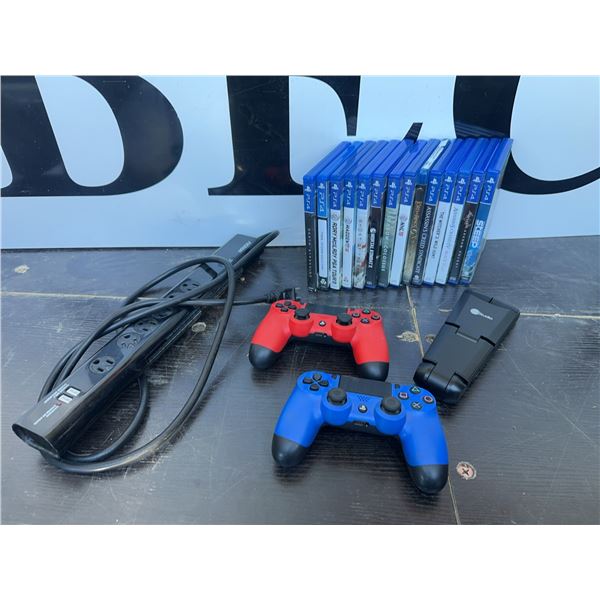 PlayStation 4 Controllers, Assorted Games, You Rock Guitar, Speaker Stand, and Power Bar