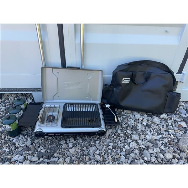 Coleman Instastart Grill Stove With Bag and Three Propane Cans