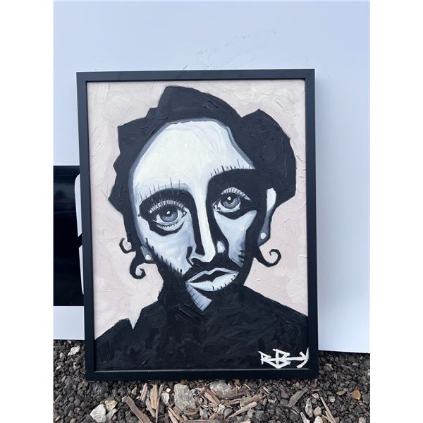 Black and White Portrait Painting Signed "RBY" Framed 22x18in