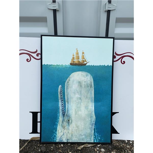 Framed Whale and Ship Painting, 60x40 Inches