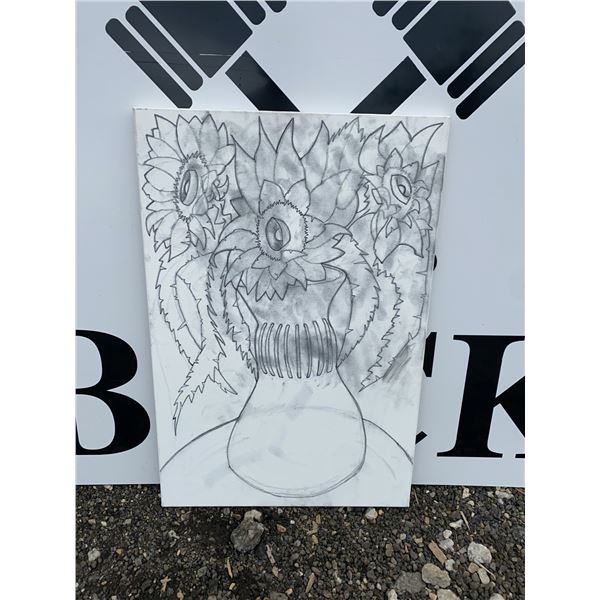 Pencil Drawing of Sunflowers in Vase on 36x24 Inch Canvas