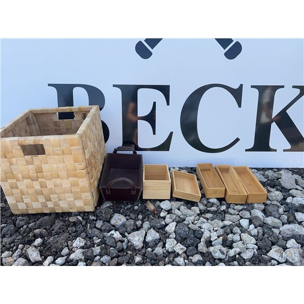 Lot: IKEA DRAGAN Bamboo Boxes, Wicker Basket, Starbucks Faux Leather Tray