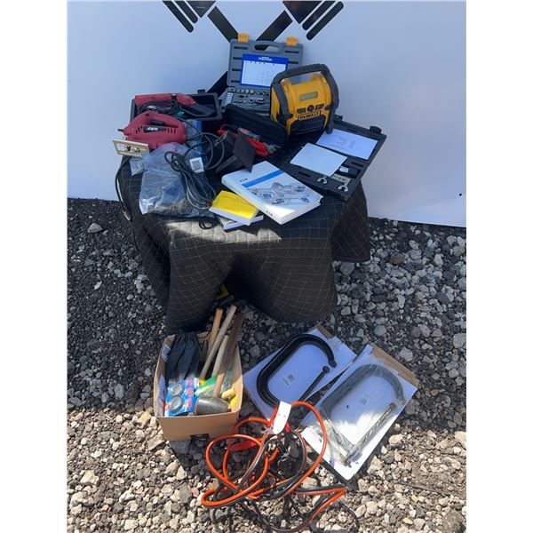 Automotive and Workshop Tools Lot Including DeWALT Radio, SKIL Jigsaw, and Socket Set
