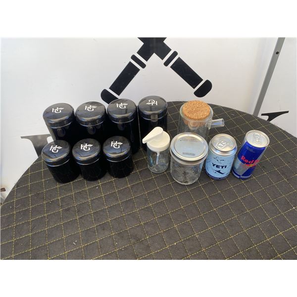 Storage Jars and Cans Including HC Canisters, Glassware, Red Bull