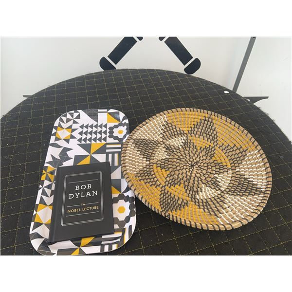 3: LUprints Birchwood Tray, Woven Basket Plate, Bob Dylan Nobel Lecture Book