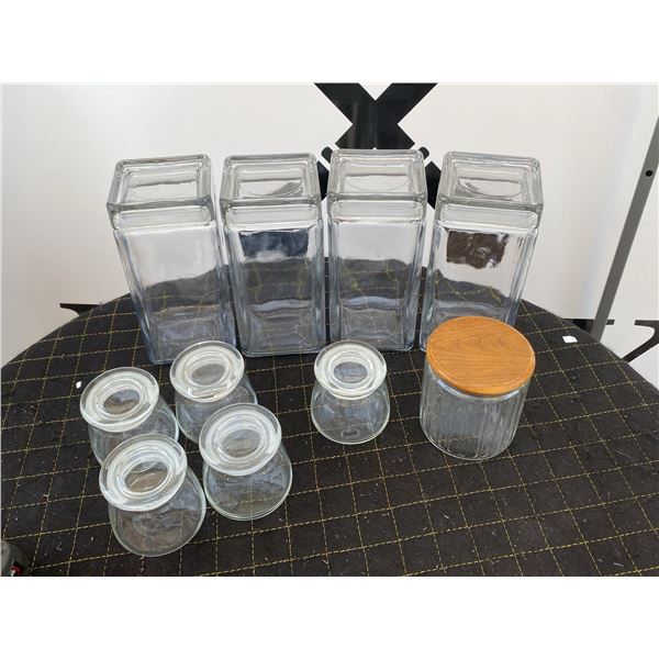 8 Glass Storage Jars, Square and Round, with Lids