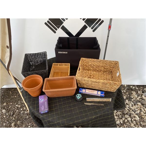 Lot: Planters, Baskets, Yakima Tote, Incense, Organizer