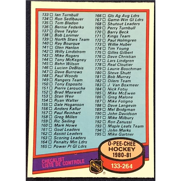 1980-81 O-PEE-CHEE HOCKEY CHECKLIST