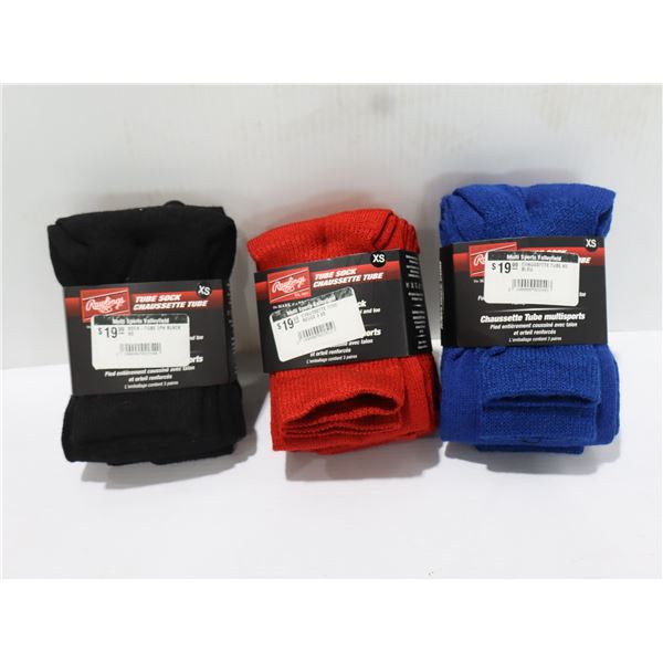 RAWLINGS 3-PACK TUBE SOCKS SIZE:XS (ASSORTED COLOUR)