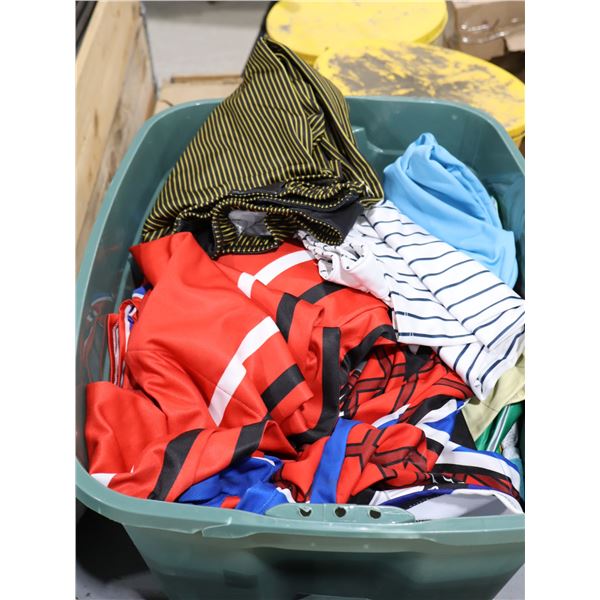 BIN OF PRINTED LOCAL TEAM JERSEYS AND SHORTS (ASSORTED)
