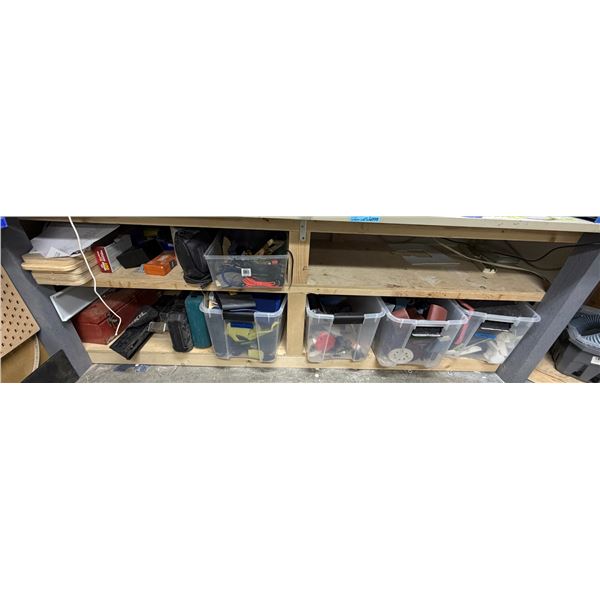 Contents Under Workbench - Sanding Paper, Bins, Tool Box, Ratchet Straps, Plastic Organizers, Etc.