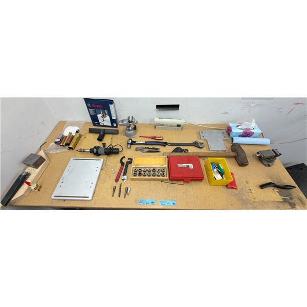 Contents of Bench: ER Collet Set, Machinist’s Parallel Bar Set, Heat Gun, Hand Tools, Vises