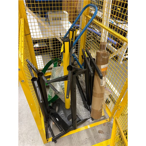 Contents of Cage - Uline Stations, Desk Parts, Garbage Can Dolly, Etc.
