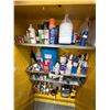 Image 1 : Contents of Cabinet - Isopropyl Alcohol, Commercial Cleaners, Leak Detection Fluid, Loctite, Etc.